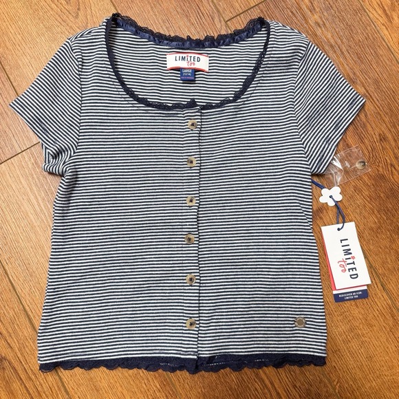 Limited Too Girls Button Front Tee LARGE 12/14 NWT! Navy White Stripe Crop Lace‎ - Picture 3 of 12